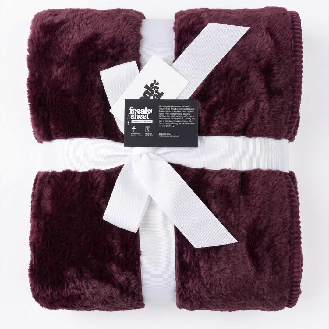 Plum colour luxury plush fleece sex blanket by Freak Sheet, folded and wrapped with a white ribbon, showcasing its ultra-soft texture.