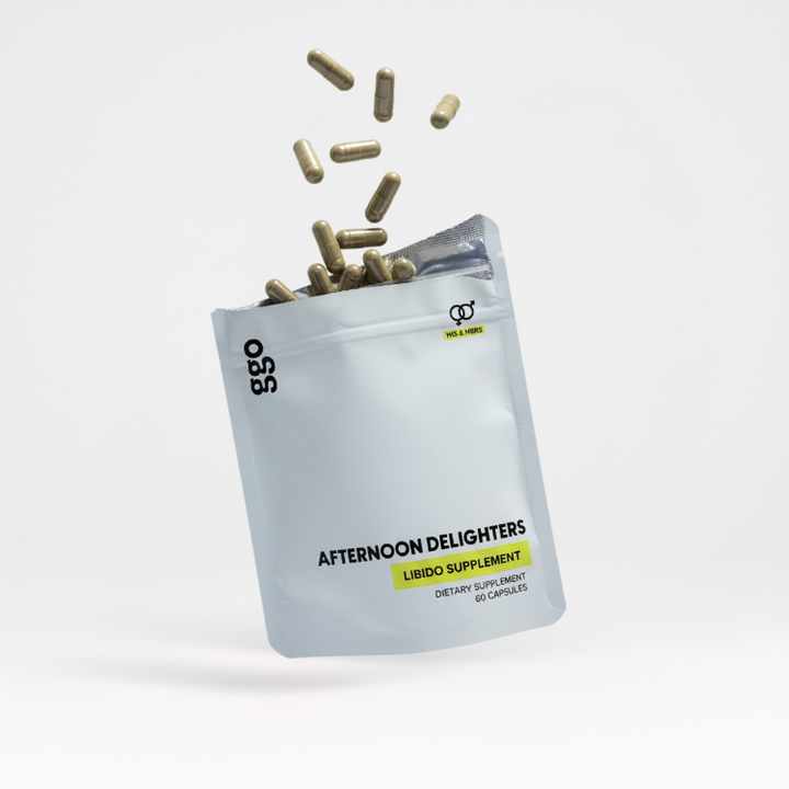 Opened Afternoon Delighters Libido supplement in white packaging with capsules