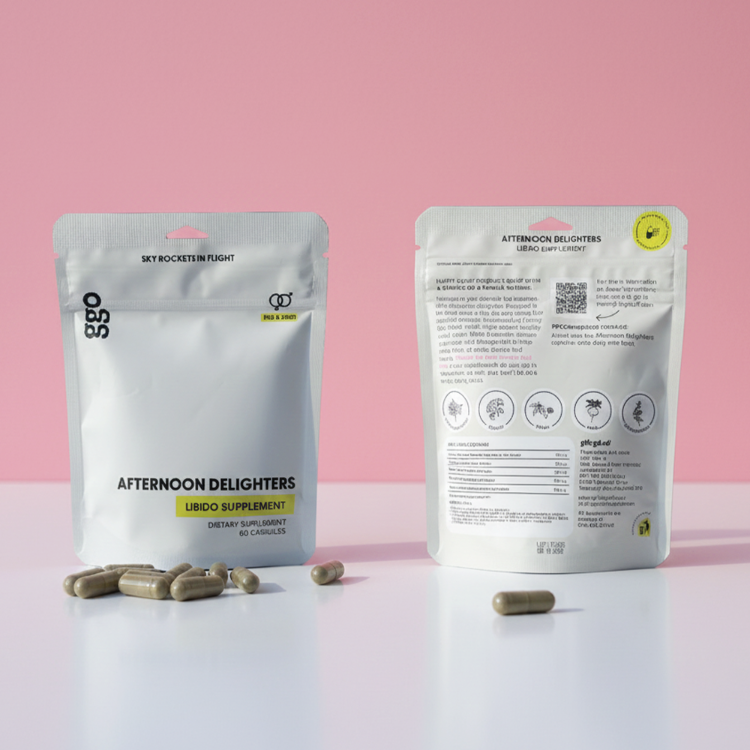 Afternoon Delighters Libido supplement in white packaging front and back view with nutrition facts and capsules