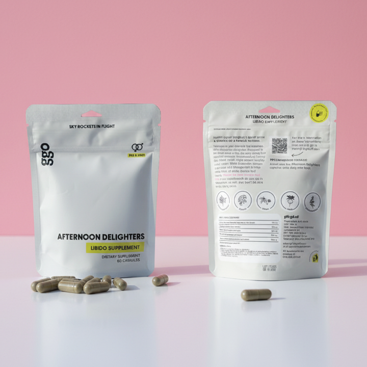 Afternoon Delighters Libido supplement in white packaging front and back view with nutrition facts and capsules