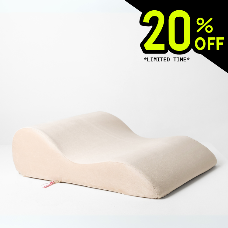 Bumpy Cuddles beige intimacy pillow by Girls Get Off with 20% off limited-time offer – ergonomic support cushion for better comfort and connection.