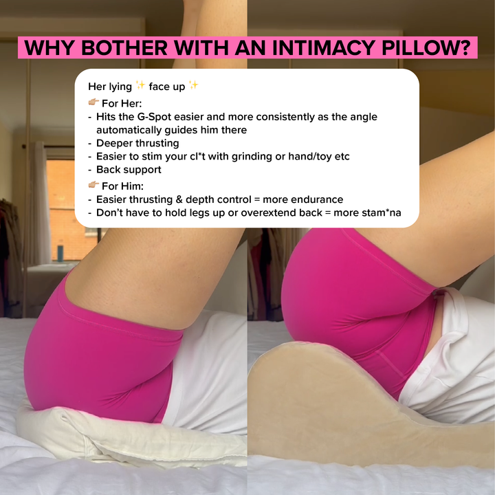 Side-by-side comparison showing a woman using a standard pillow versus the Girls Get Off Bumpy Cuddles intimacy pillow while lying face-up. Text overlay highlights benefits like deeper thrusting, easier clitoral stimulation, better G-spot access, and improved stamina and support for both partners