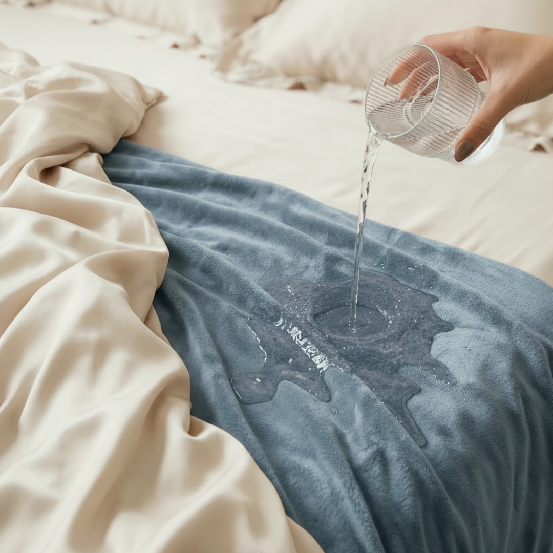 A blue plush blanket on a bed with a hand pouring water from a glass to demonstrate its water-resistant property.