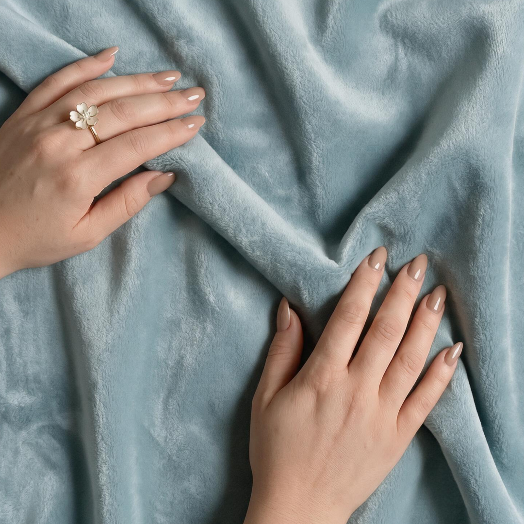 A close-up of a soft, plush dusty blue fabric being held by two hands, with a delicate gold ring on one finger.