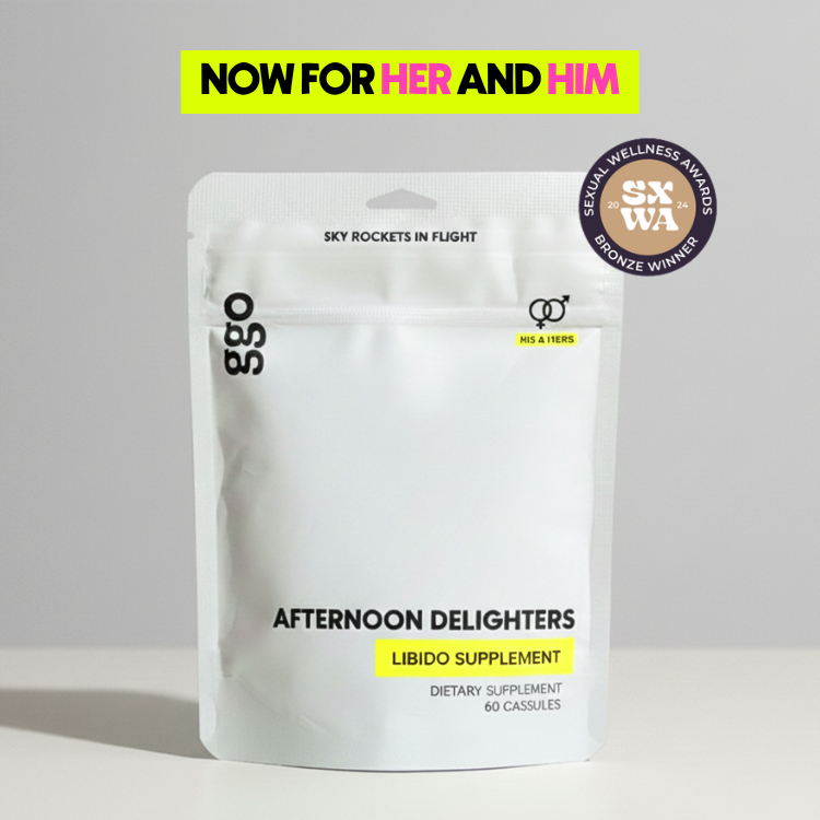 Supplement package labeled 'Afternoon Delighters' now for her and him with branding and sexual wellness award badge