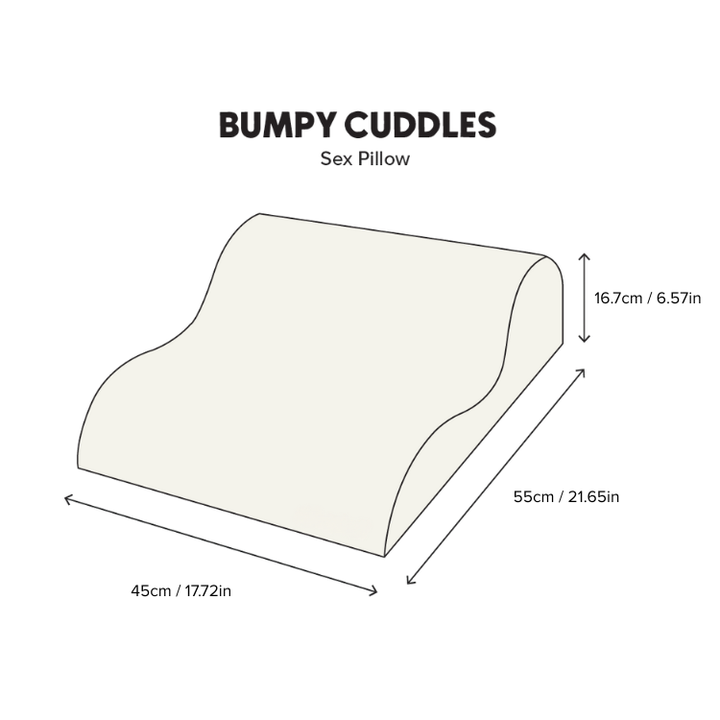 Sex pillow with dimensions labeled on a white background